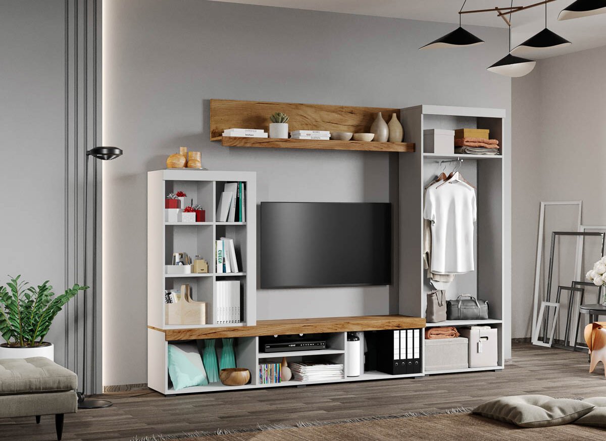 Set Mobilier Living Alb cu Stejar Auriu-Olaf-C01 deschis