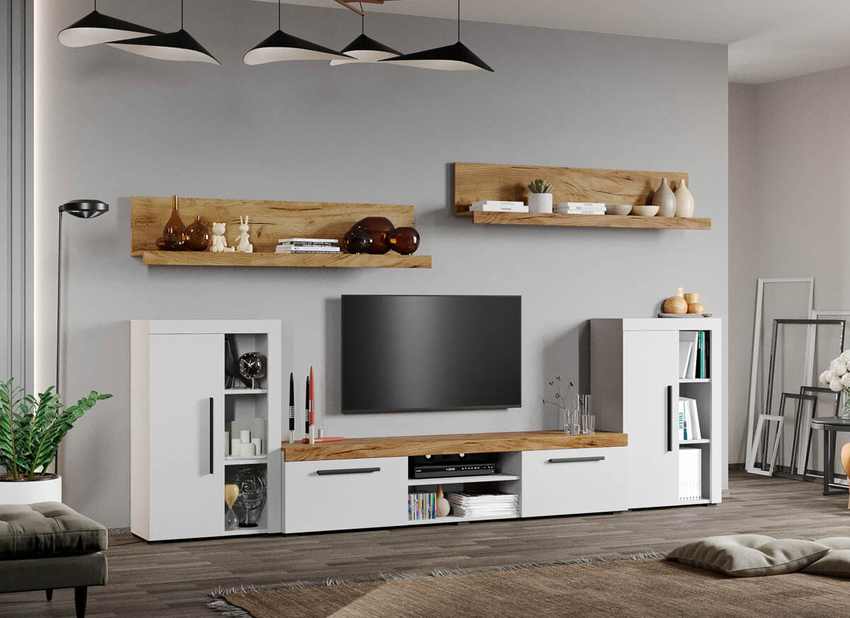 Set Mobilier Living Alb cu Stejar Auriu-Olaf-C10 inchis