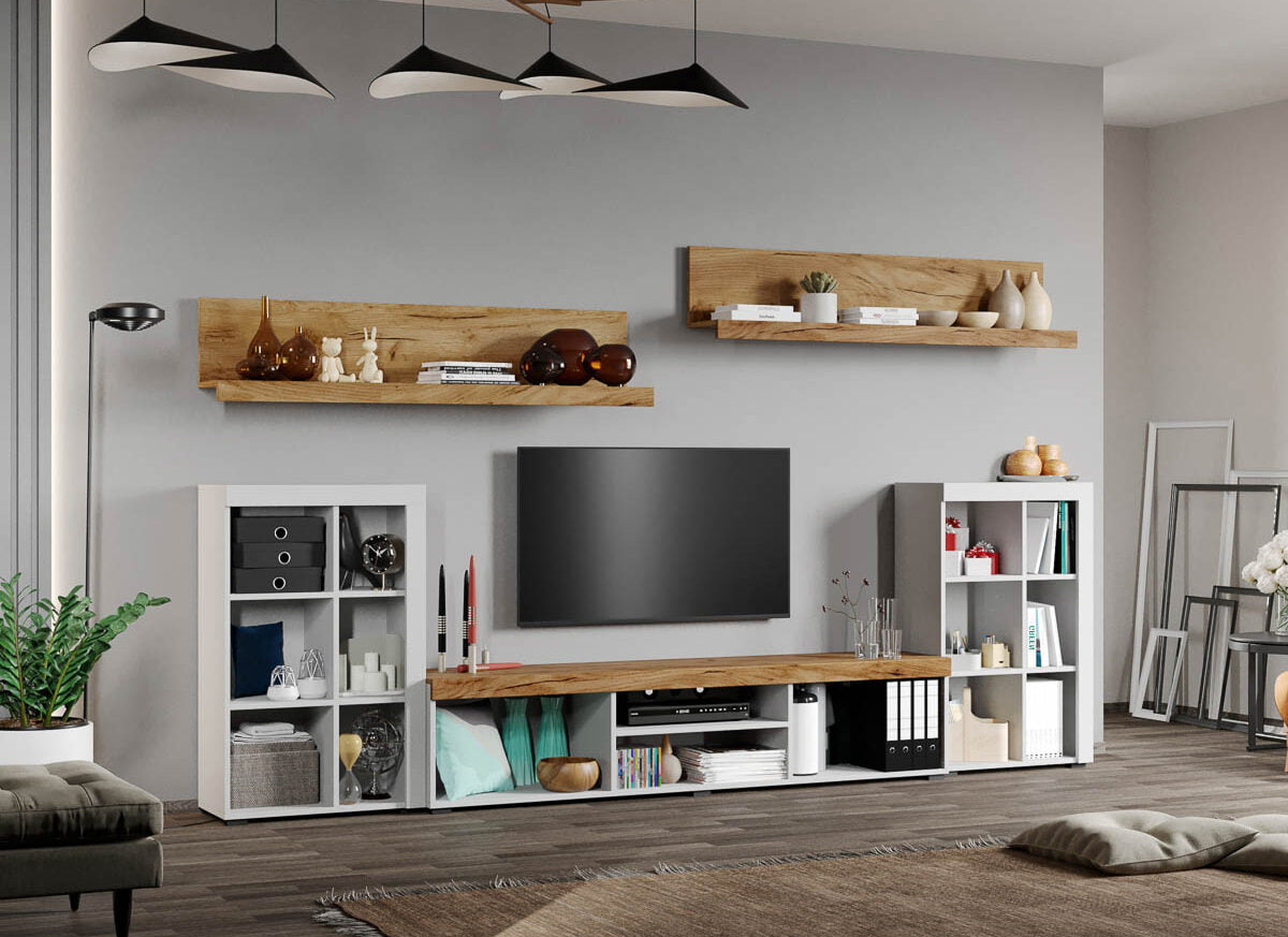 Set Mobilier Living Alb cu Stejar Auriu-Olaf-C10 deschis