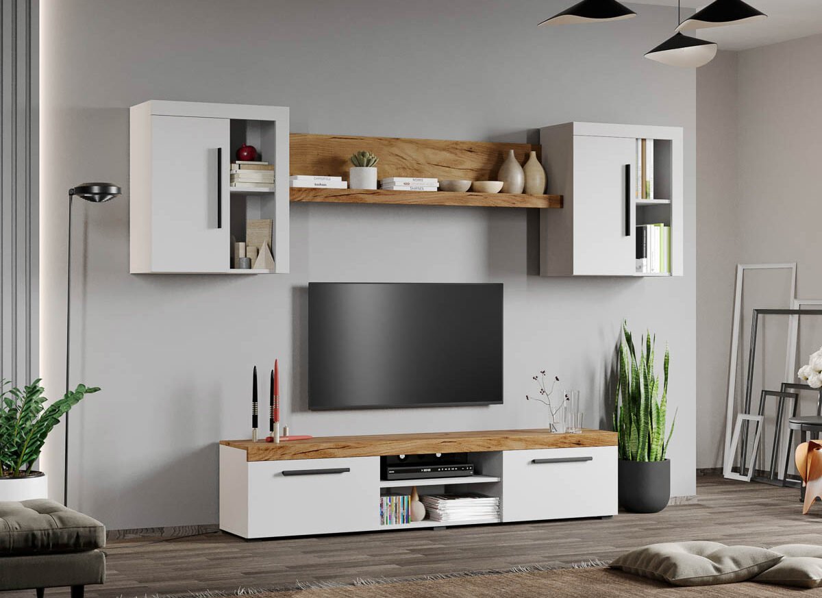 Set Mobilier Living Alb cu Stejar Auriu-Olaf-C11 inchis