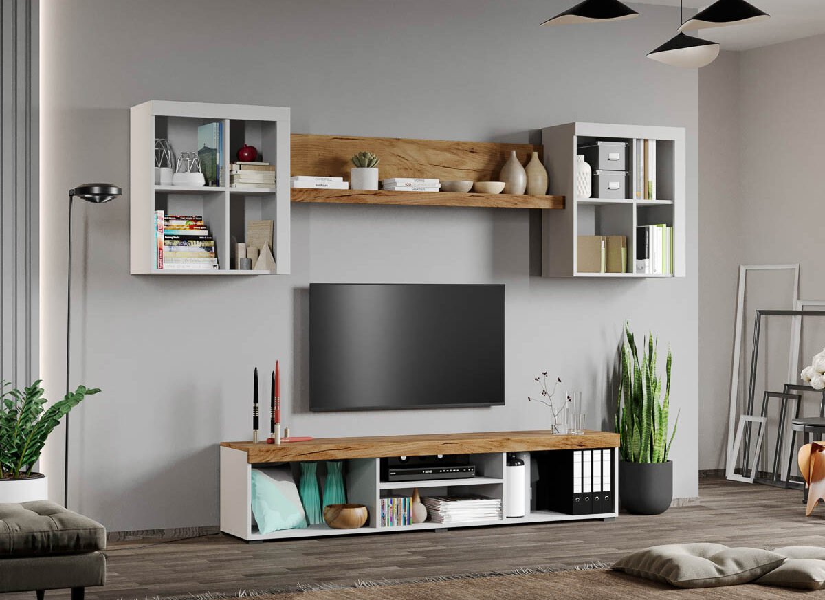 Set Mobilier Living Alb cu Stejar Auriu-Olaf-C11 deschis