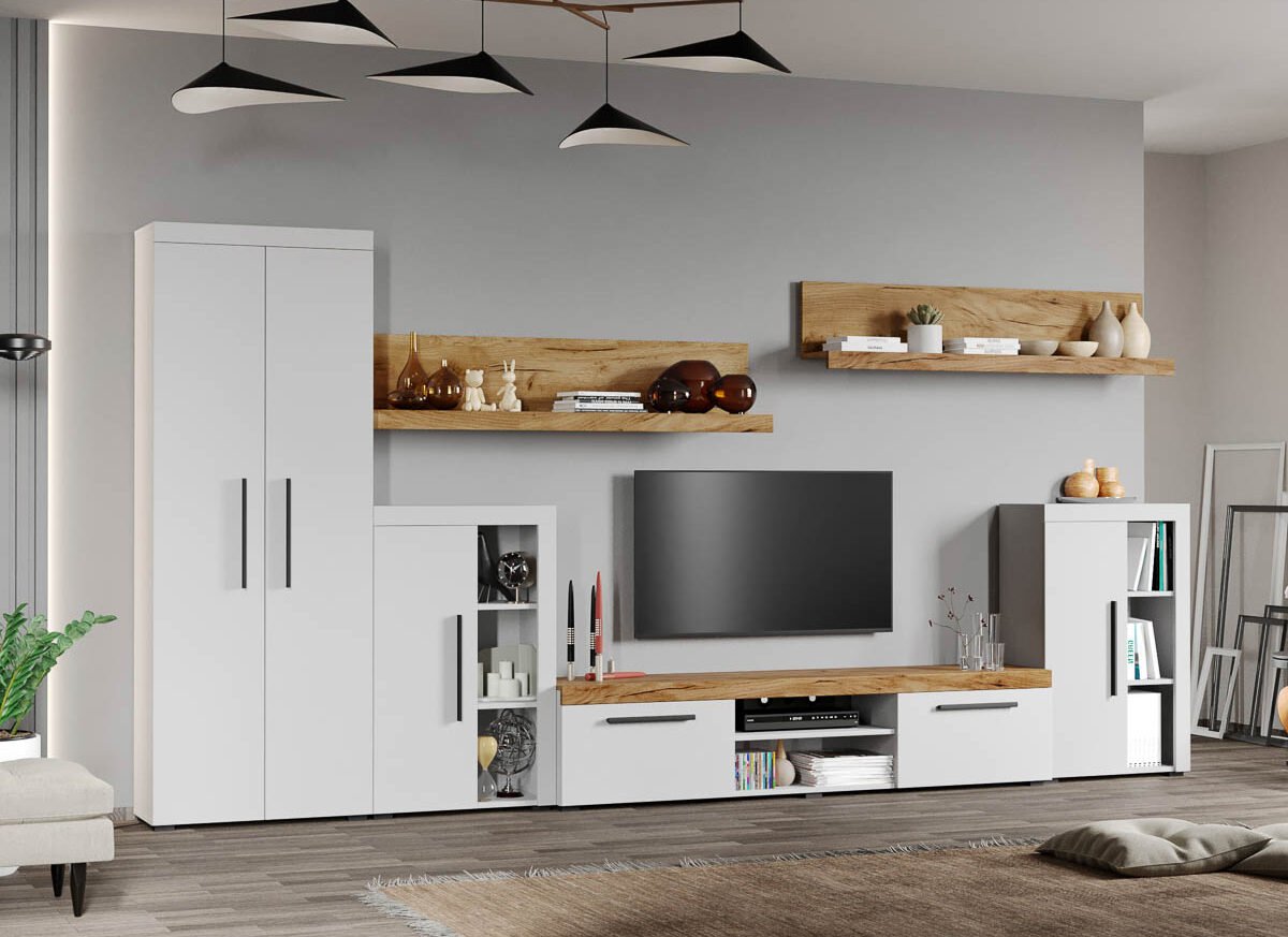 Set Mobilier Living Alb cu Stejar Auriu-Olaf-C12 inchis
