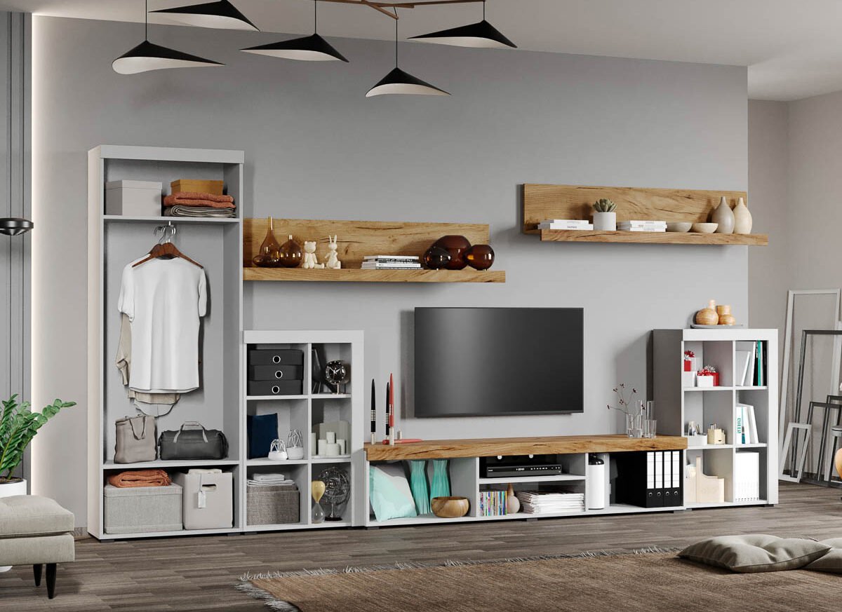 Set Mobilier Living Alb cu Stejar Auriu-Olaf-C12 deschis