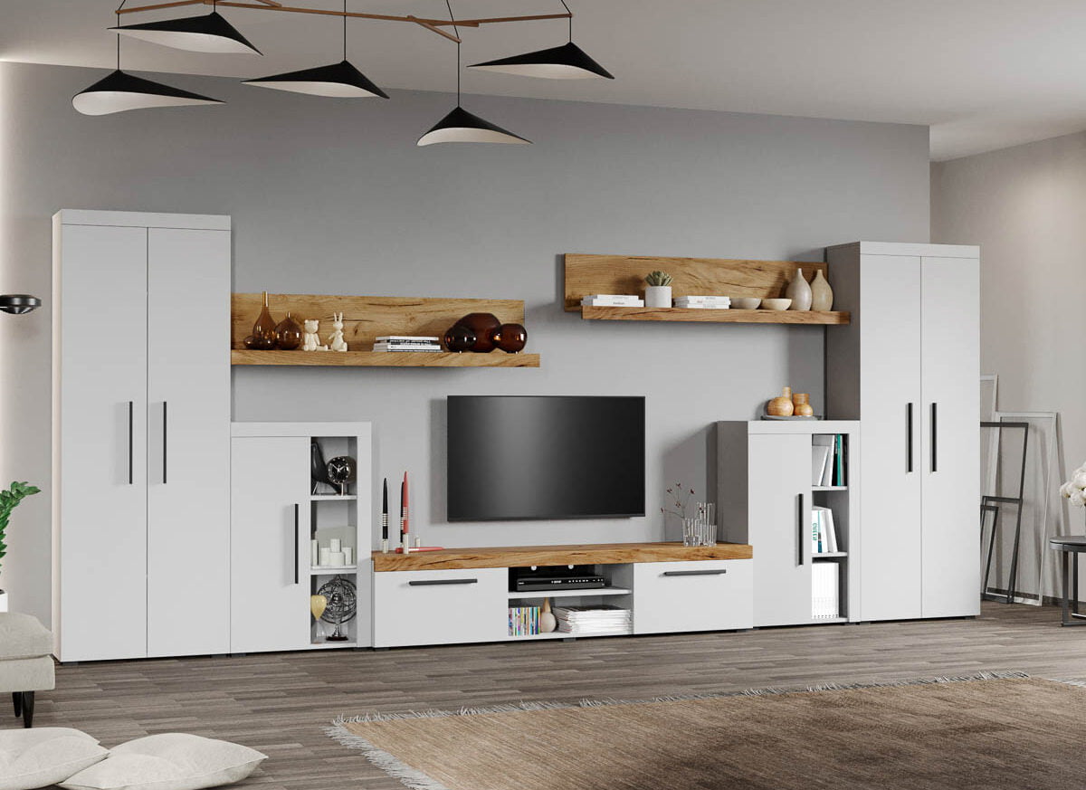 Set Mobilier Living Alb cu Stejar Auriu-Olaf-C13 inchis