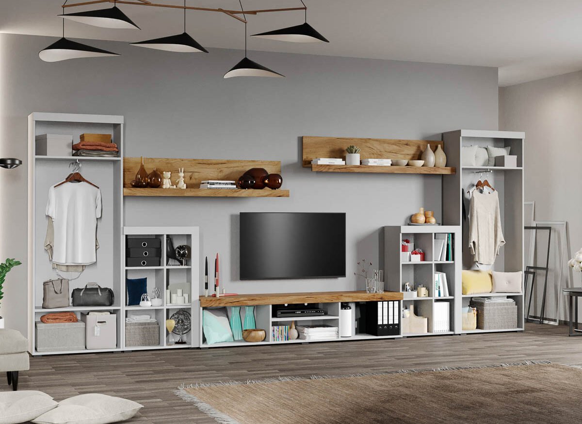 Set Mobilier Living Alb cu Stejar Auriu-Olaf-C13 deschis