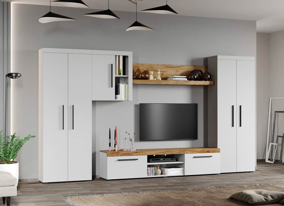 Set Mobilier Living Alb cu Stejar Auriu-Olaf-C14 inchis