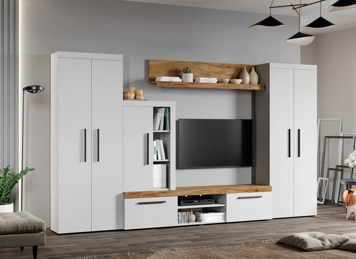 Set Mobilier Living Alb cu Stejar Auriu-Olaf-C02 inchis