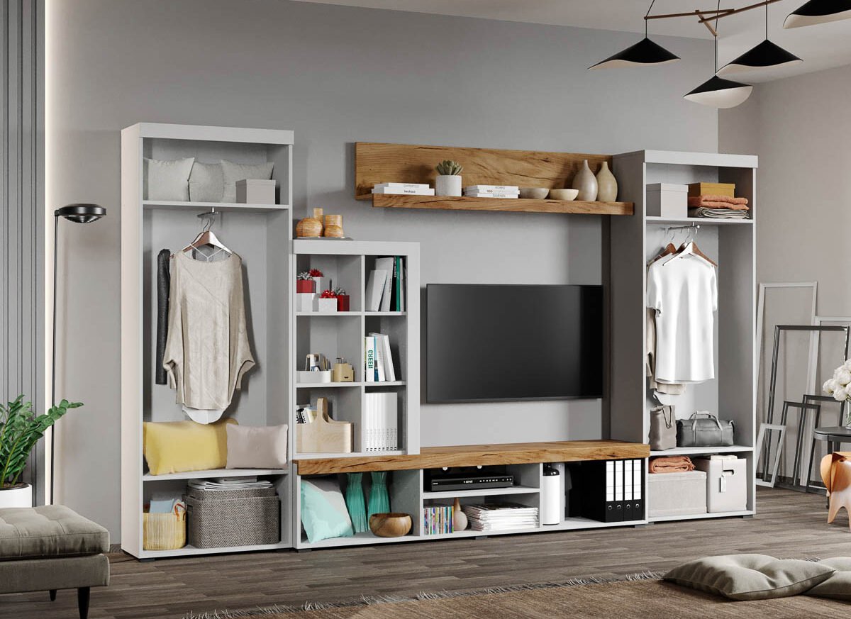 Set Mobilier Living Alb cu Stejar Auriu-Olaf-C02 deschis