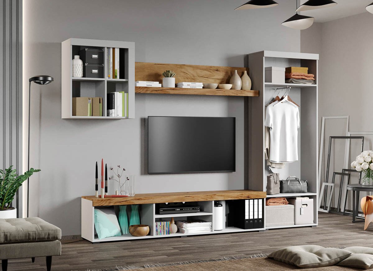 Set Mobilier Living Alb cu Stejar Auriu-Olaf-C03 deschis