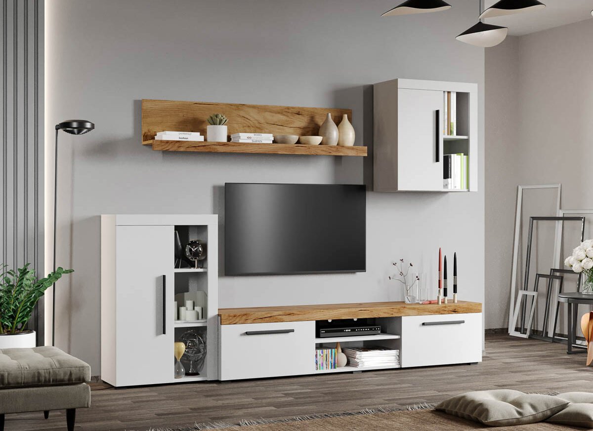 Set Mobilier Living Alb cu Stejar Auriu-Olaf-C04 inchis
