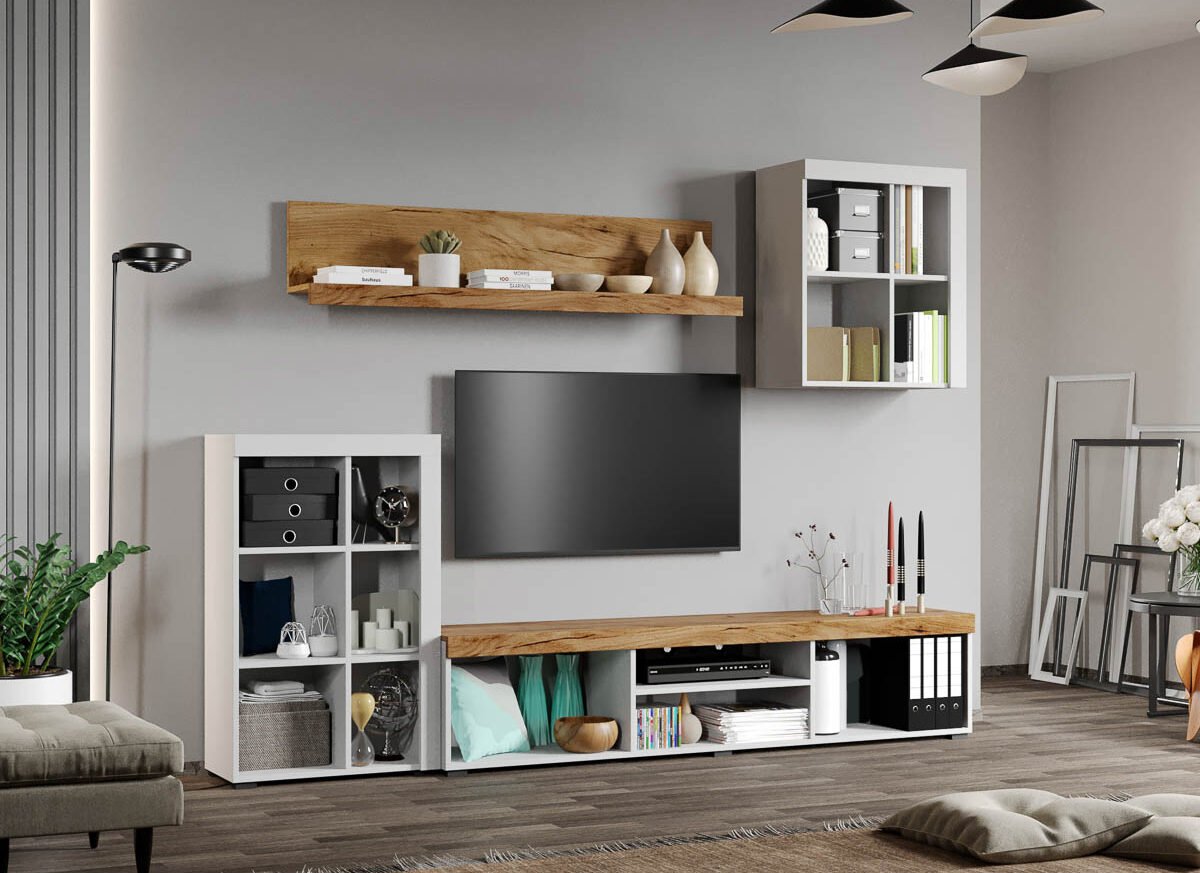 Set Mobilier Living Alb cu Stejar Auriu-Olaf-C04 deschis