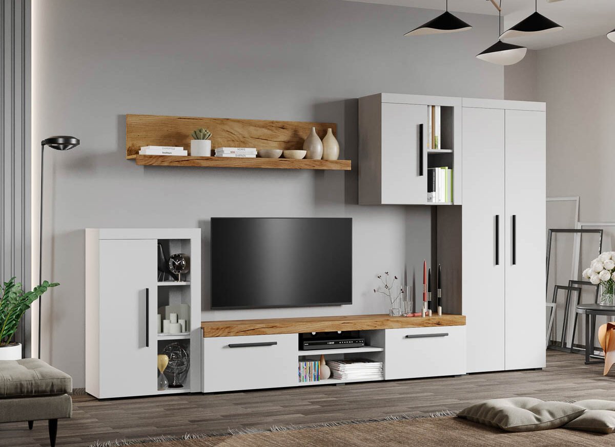 Set Mobilier Living Alb cu Stejar Auriu-Olaf-C05 inchis