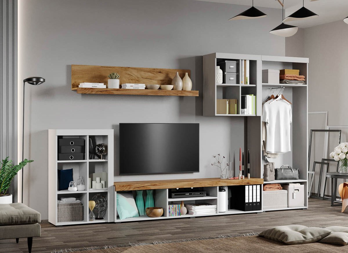 Set Mobilier Living Alb cu Stejar Auriu-Olaf-C05 deschis