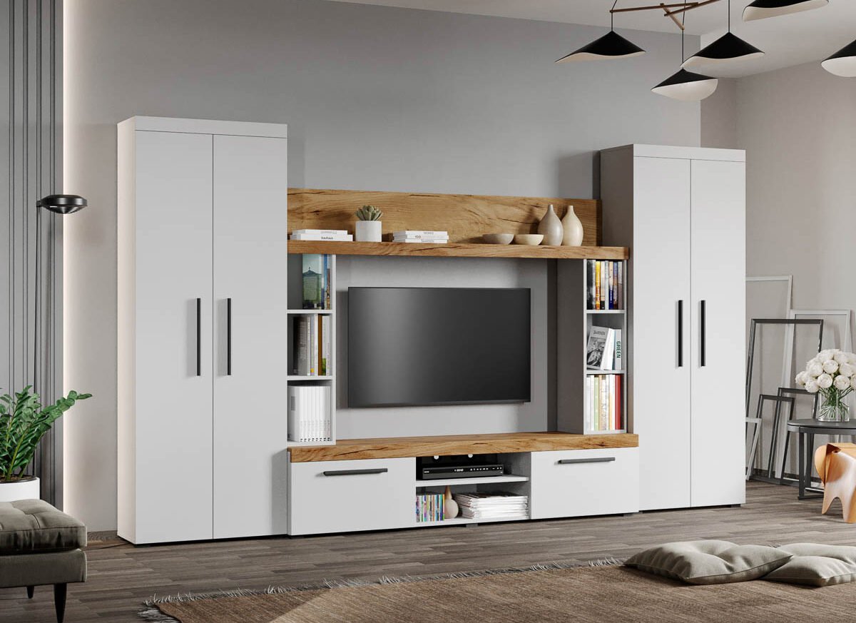 Set Mobilier Living Alb cu Stejar Auriu-Olaf-C06 inchis
