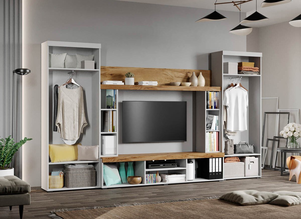 Set Mobilier Living Alb cu Stejar Auriu-Olaf-C06 deschis