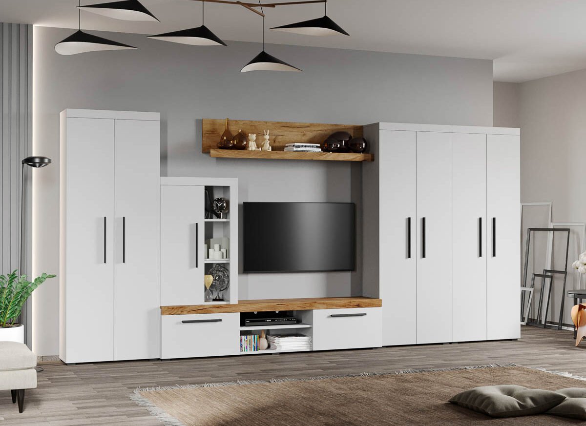 Set Mobilier Living Alb cu Stejar Auriu-Olaf-C07 inchis