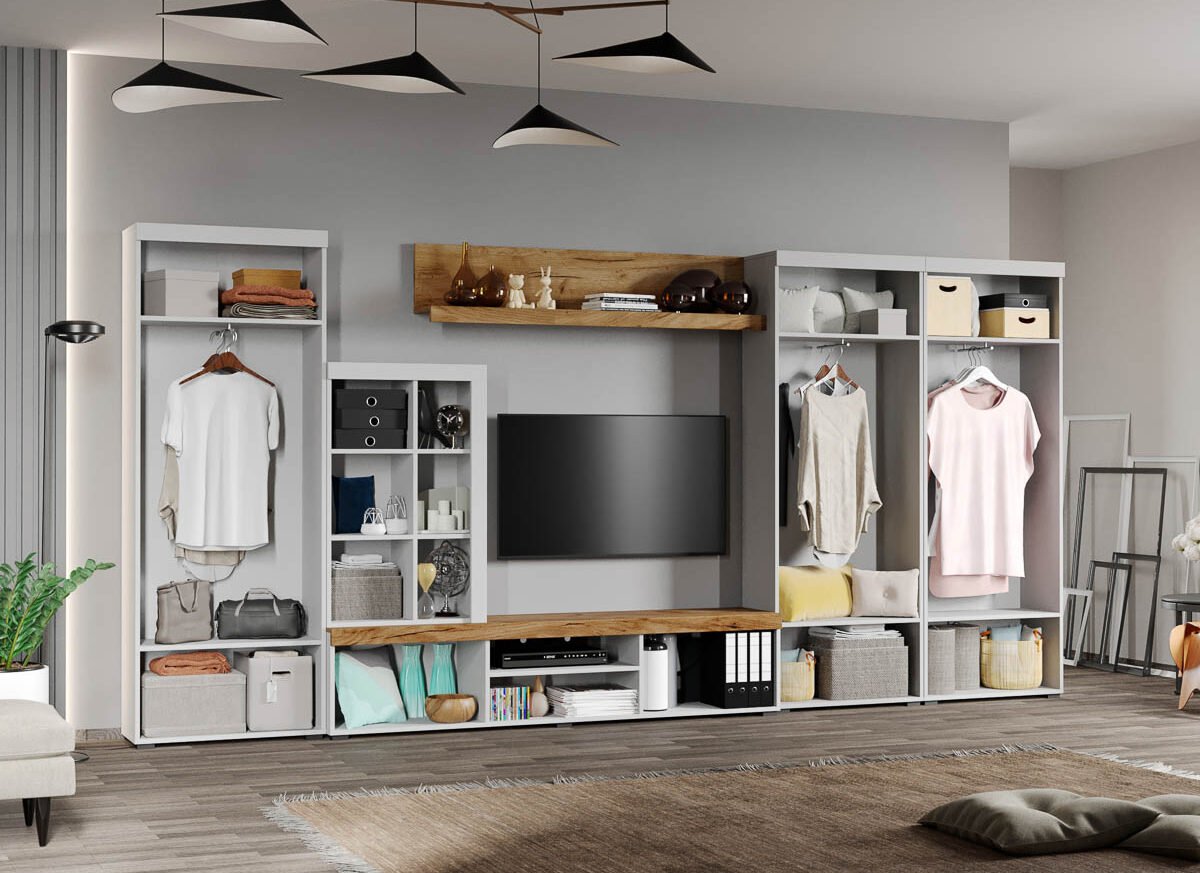 Set Mobilier Living Alb cu Stejar Auriu-Olaf-C07 deschis
