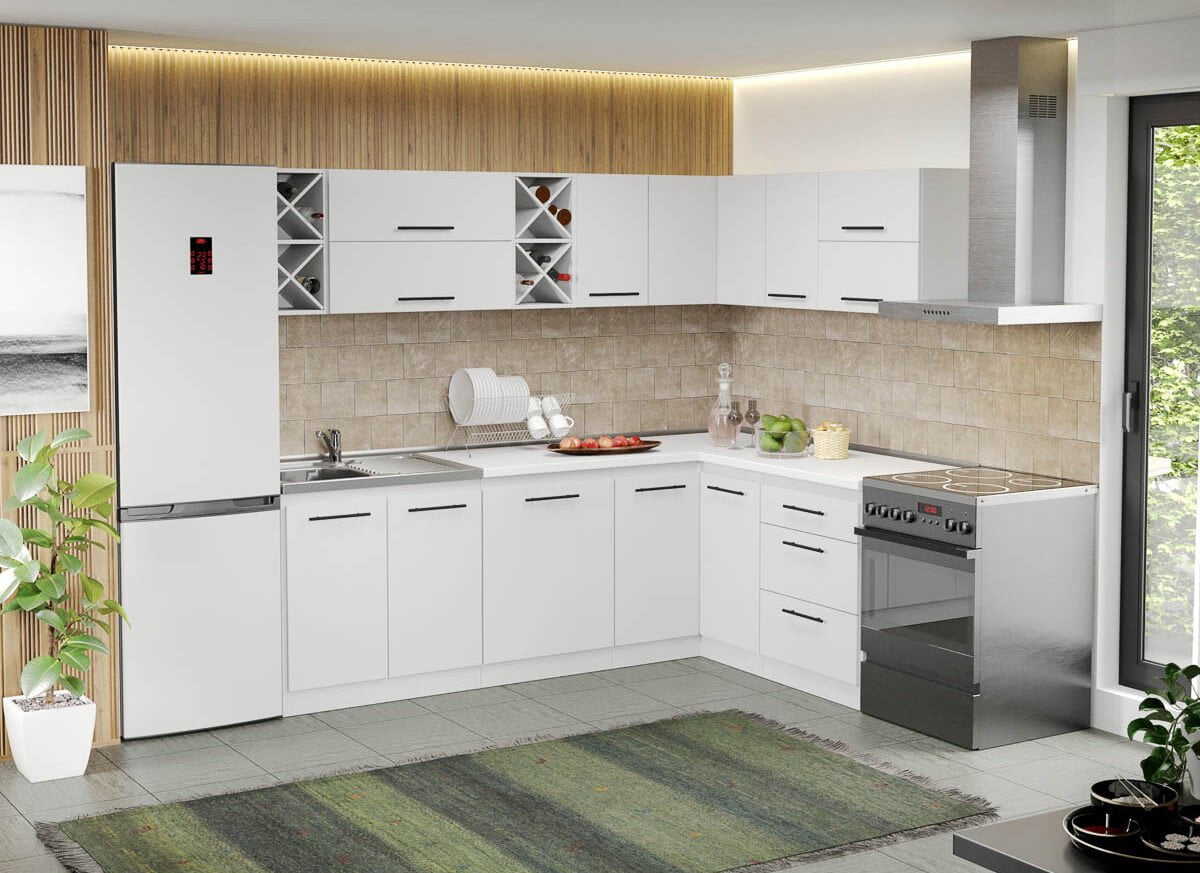 Mobila Bucatarie alba Sofi pe colt - 70 - 240/160 cm