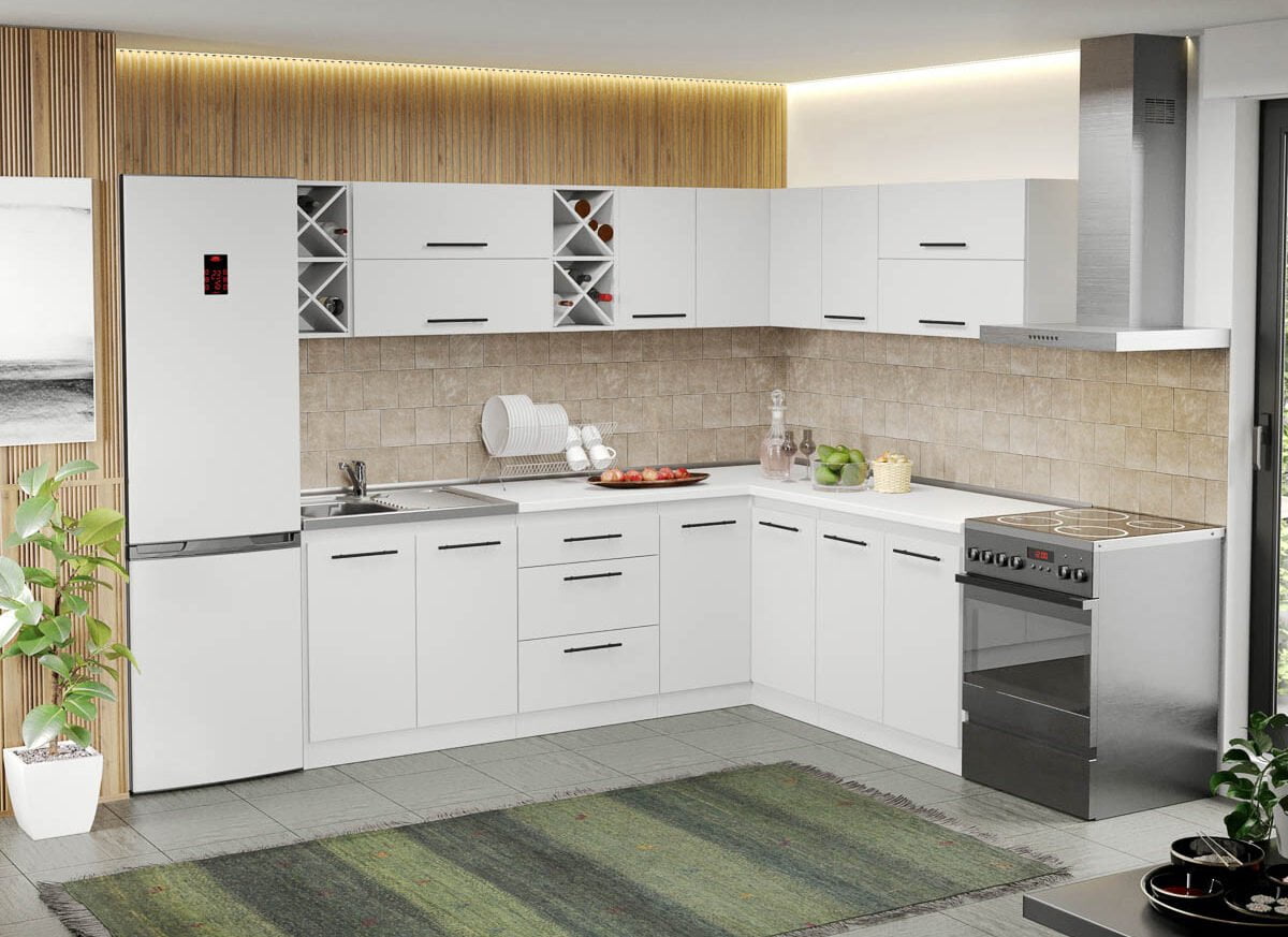 Mobila Bucatarie ieftina alba Sofi pe colt - 73 - 240/180 cm