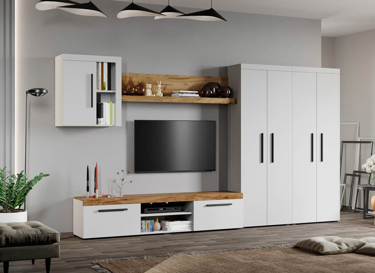 Set Mobilier Living Alb cu Stejar Auriu-Olaf-C08 inchis
