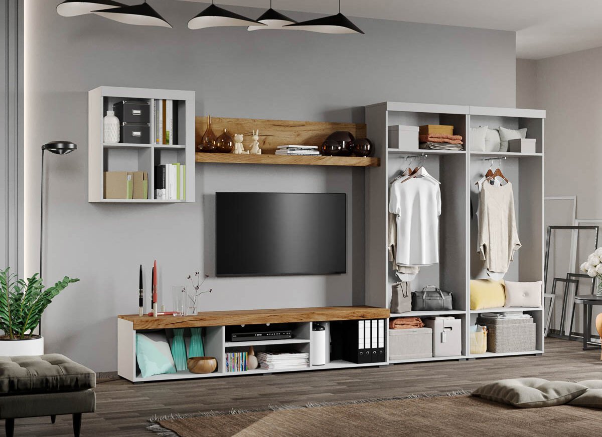Set Mobilier Living Alb cu Stejar Auriu-Olaf-C08 deschis