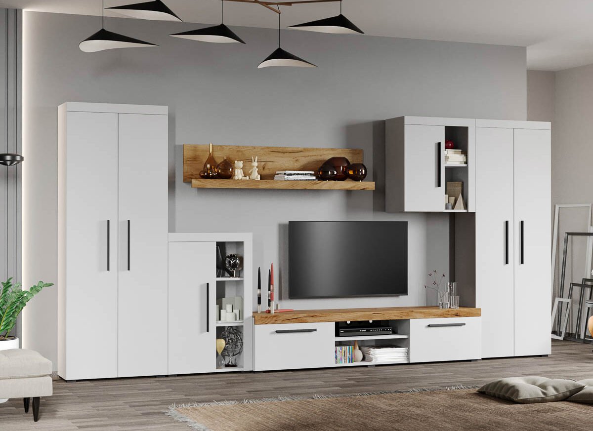 Set Mobilier Living Alb cu Stejar Auriu-Olaf-C09 inchis