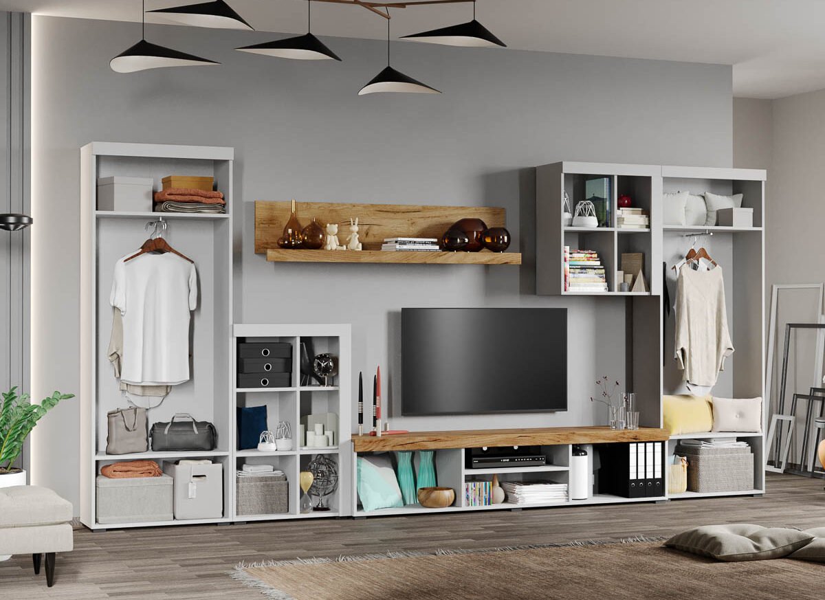 Set Mobilier Living Alb cu Stejar Auriu-Olaf-C09 deschis