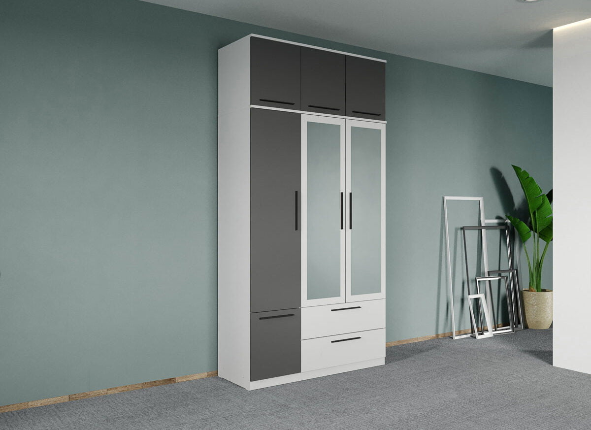 Dulap dormitor Alb-Gri 3U cu oglinda+suprapozabil - Madrid