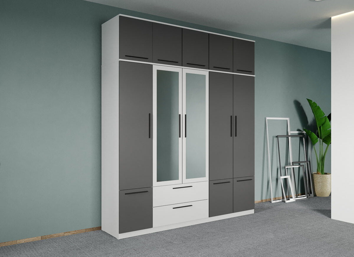 Dulap dormitor Alb-Gri 5U cu oglinda+suprapozabil - Madrid