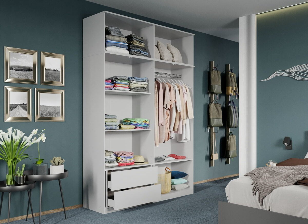 Dulap dormitor Alb 4U+suprapozabil - Madrid deschis+sertar