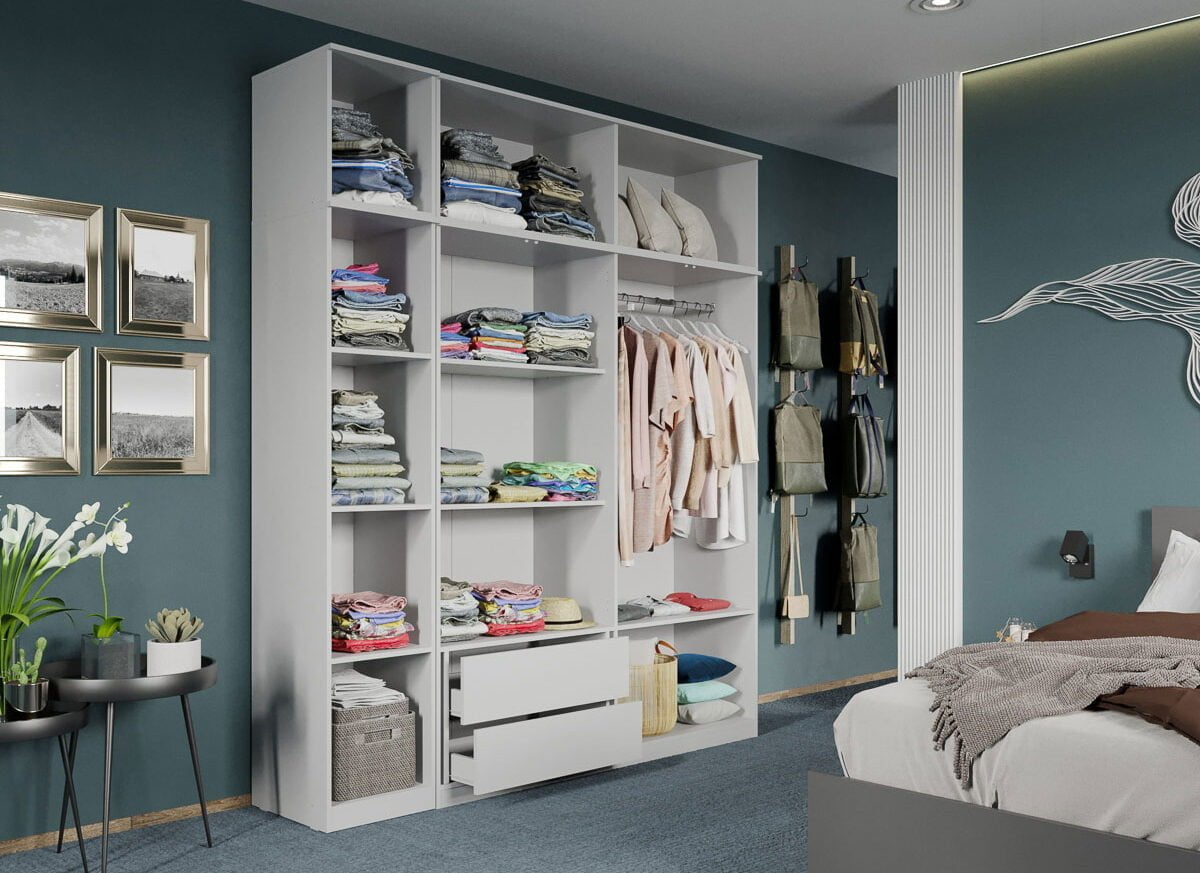 Dulap dormitor Alb 5U+suprapozabil - Madrid deschis+sertar