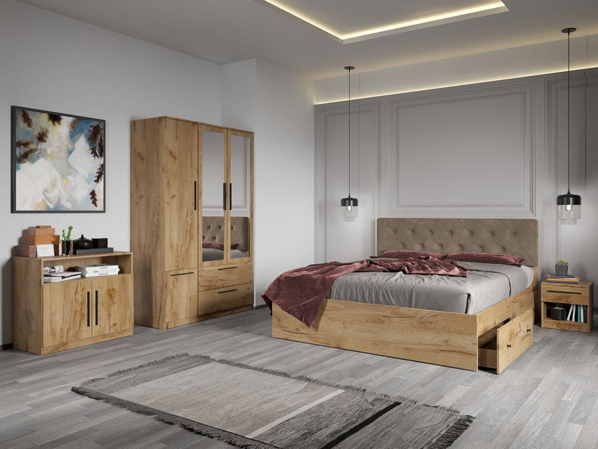Set dormitor complet Stejar Auriu cu comoda - Madrid - C04