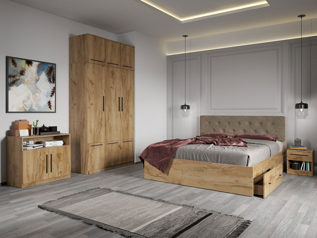 Set dormitor complet Stejar Auriu cu comoda - Madrid - C06