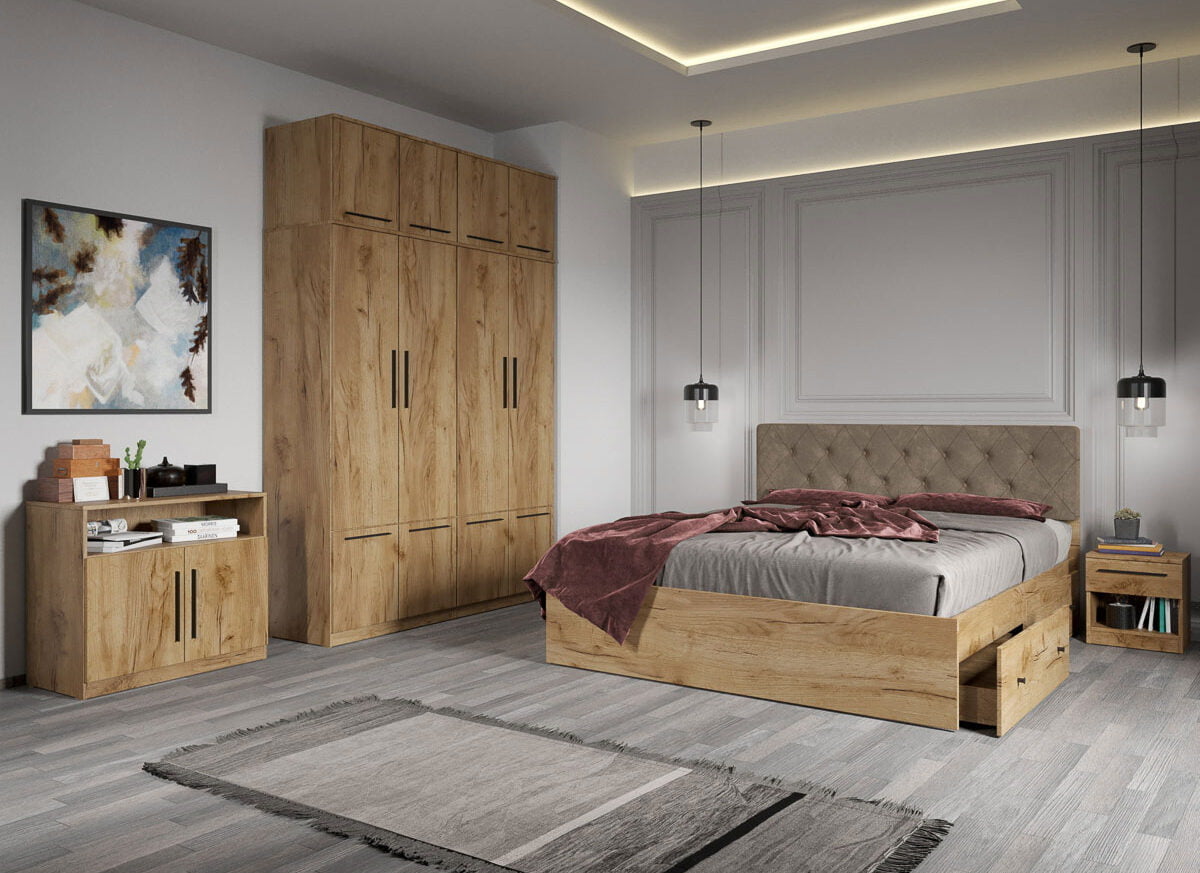 Set dormitor complet Stejar Auriu cu comoda - Madrid - C14