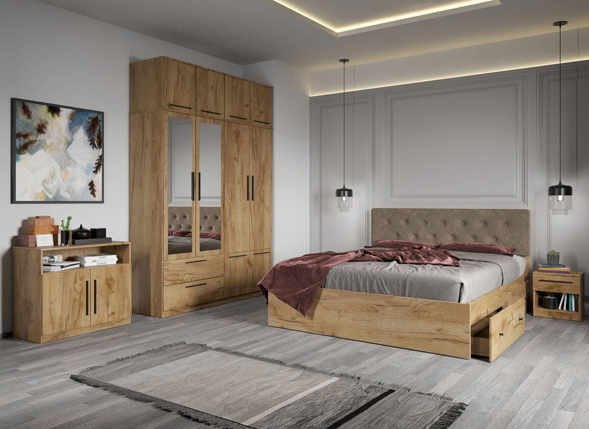 Set dormitor complet Stejar Auriu cu comoda - Madrid - C16