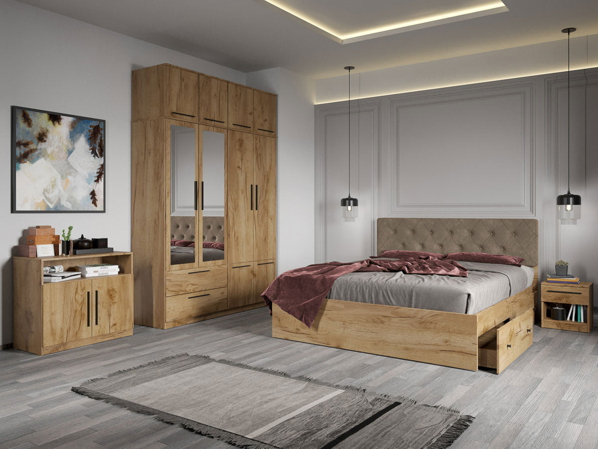 Set dormitor complet Stejar Auriu cu comoda - Madrid - C16