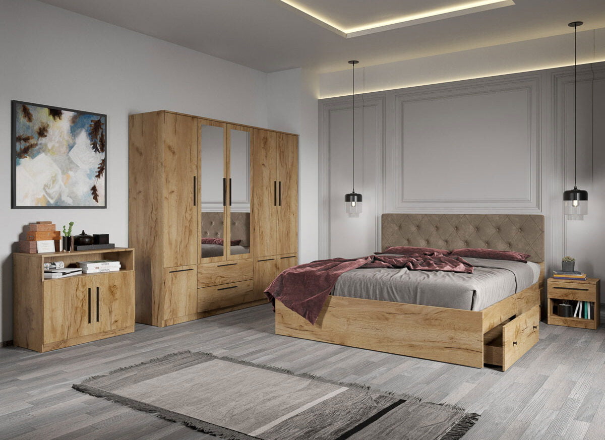 Set dormitor complet Stejar Auriu cu comoda - Madrid - C20