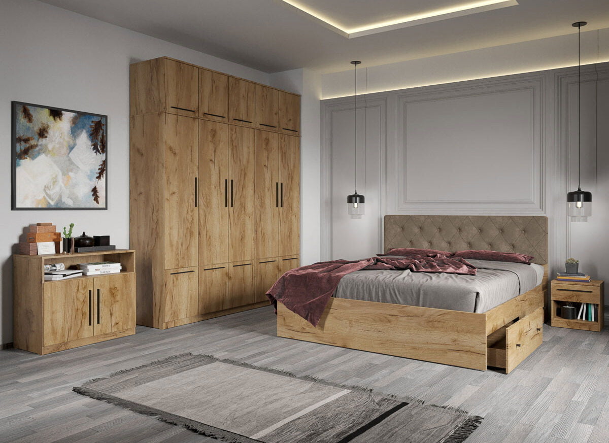 Set dormitor complet Stejar Auriu cu comoda - Madrid - C22