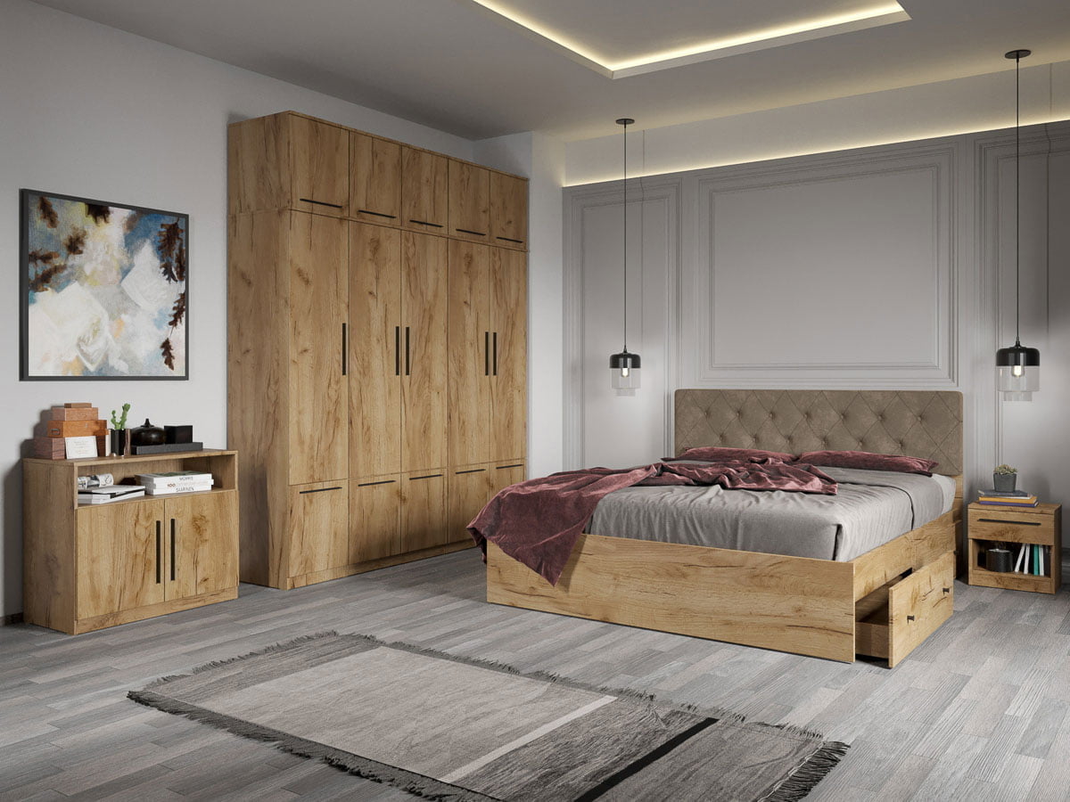Set dormitor complet Stejar Auriu cu comoda - Madrid - C22