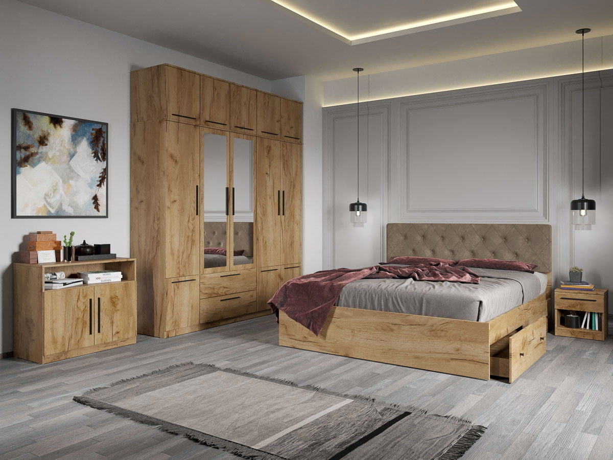 Set dormitor complet Stejar Auriu cu comoda - Madrid - C24