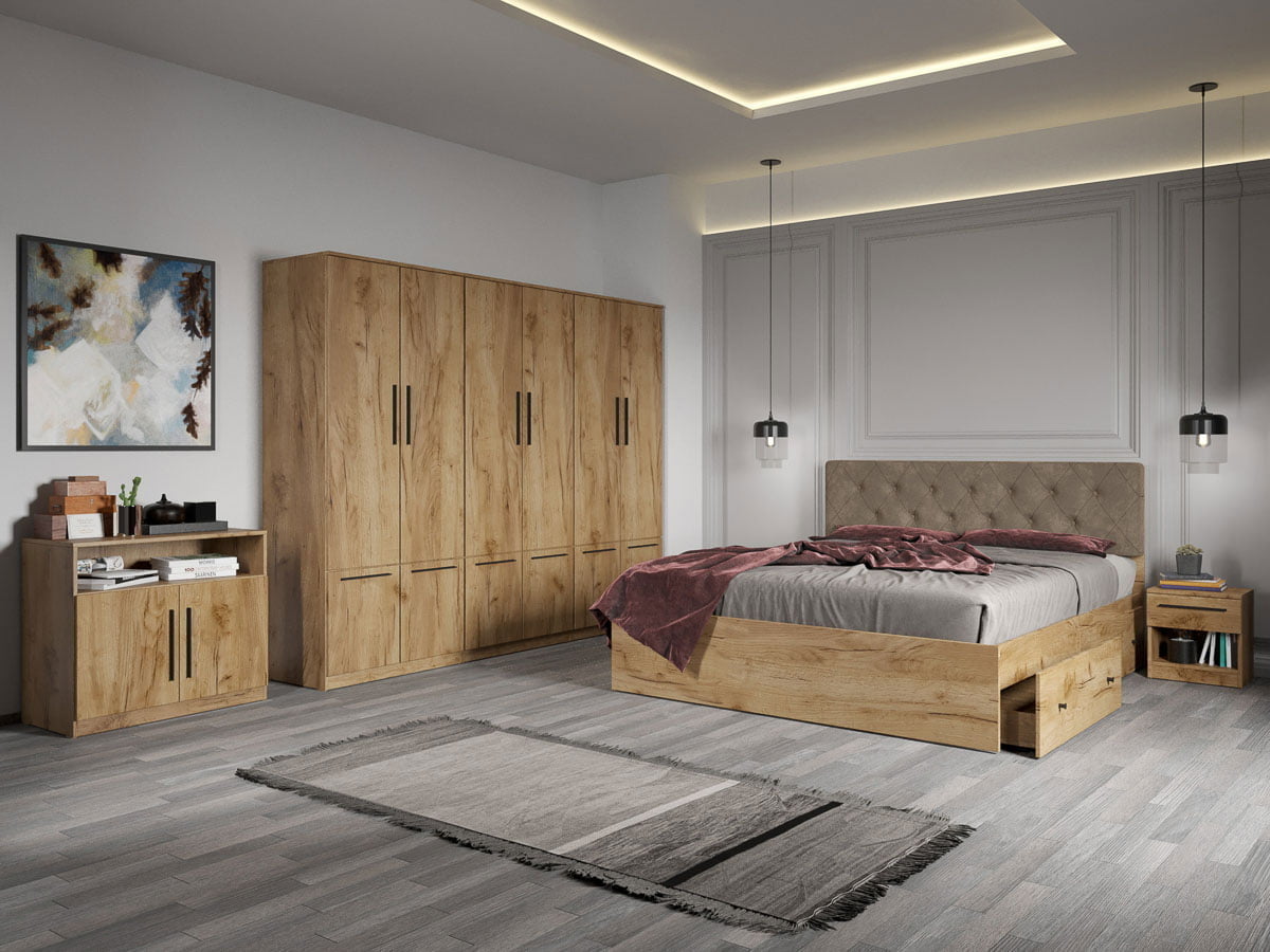 Set dormitor complet Stejar Auriu cu comoda - Madrid - C26