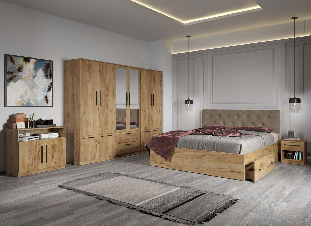 Set dormitor complet Stejar Auriu cu comoda - Madrid - C28
