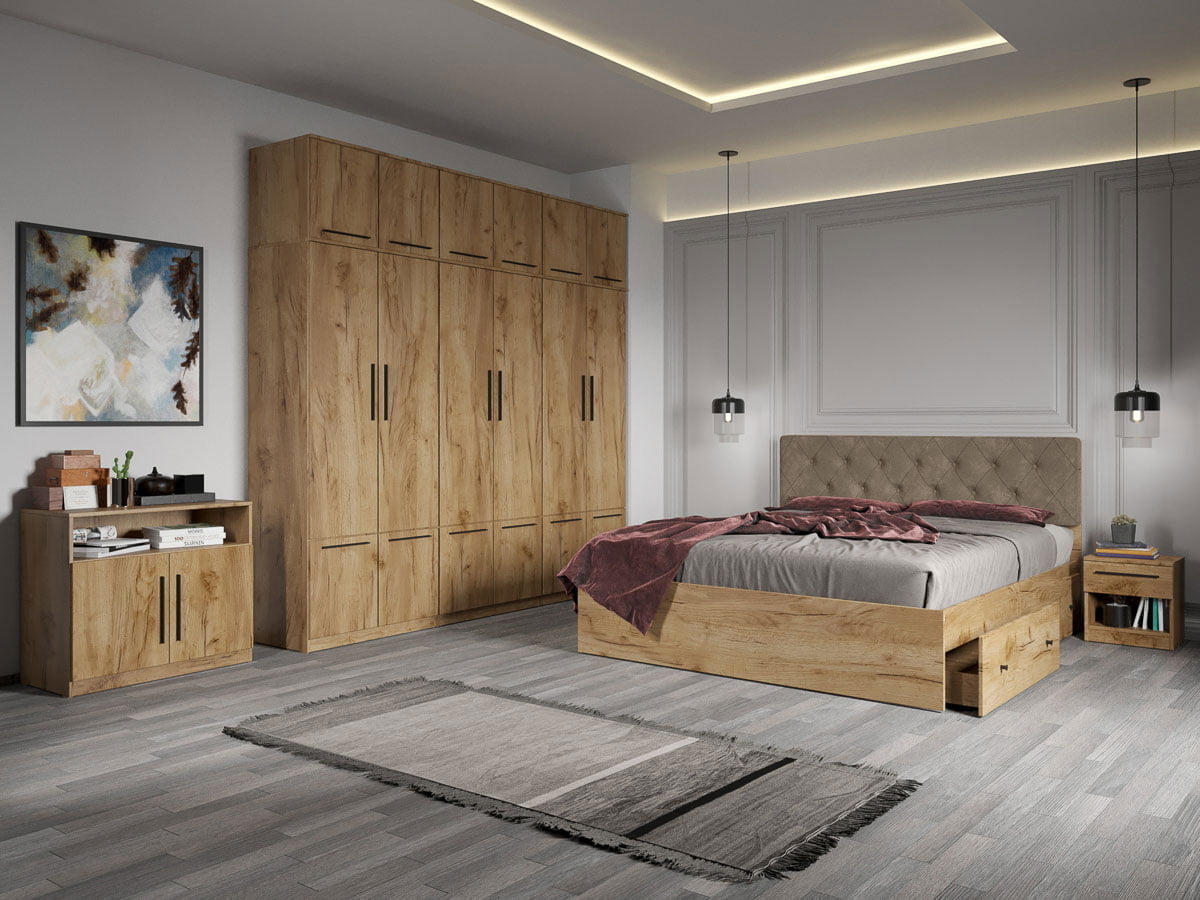 Set dormitor complet Stejar Auriu cu comoda - Madrid - C30