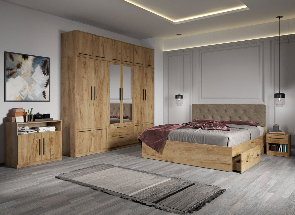 Set dormitor complet Stejar Auriu cu comoda - Madrid - C32