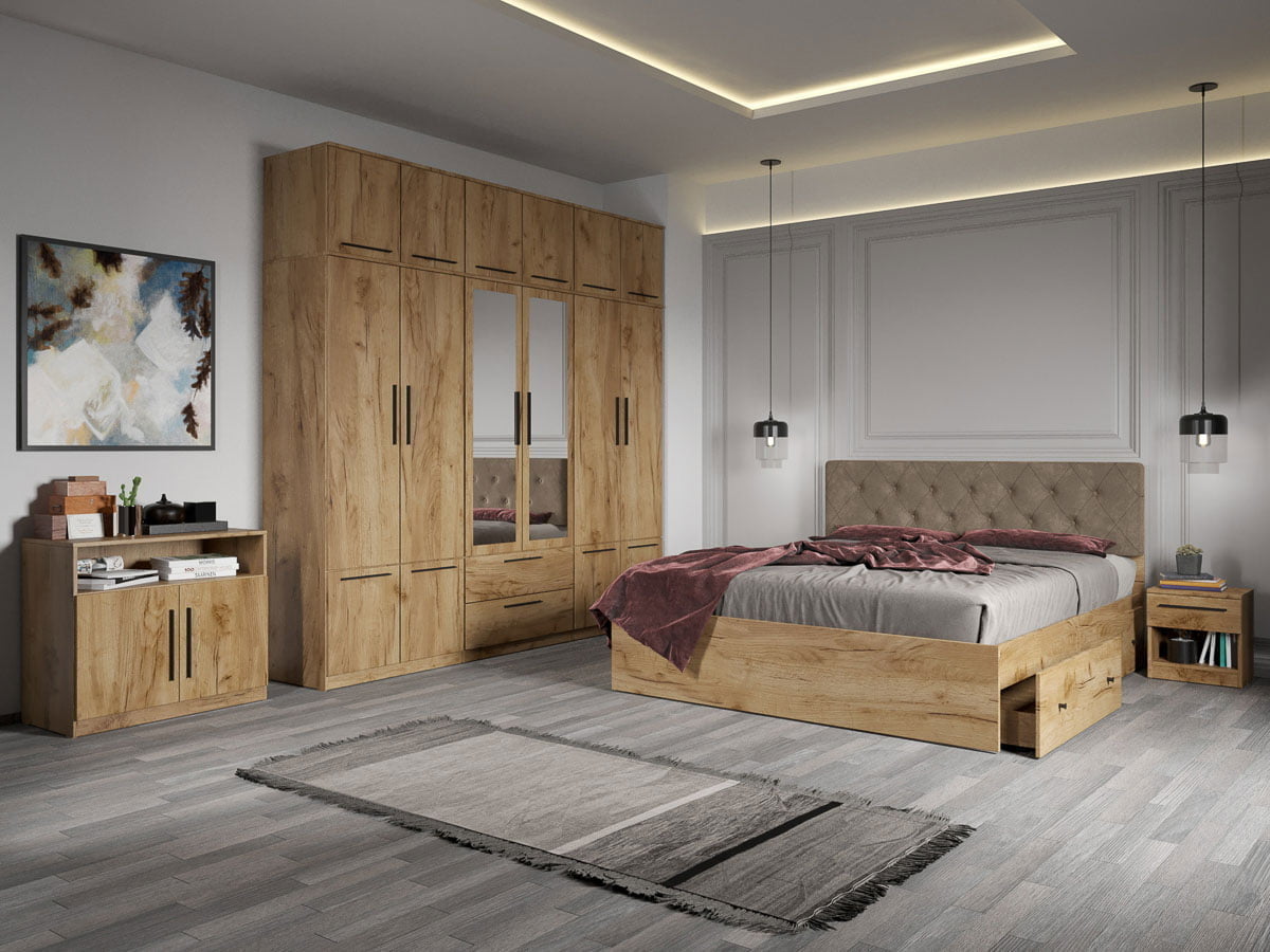 Set dormitor complet Stejar Auriu cu comoda - Madrid - C32