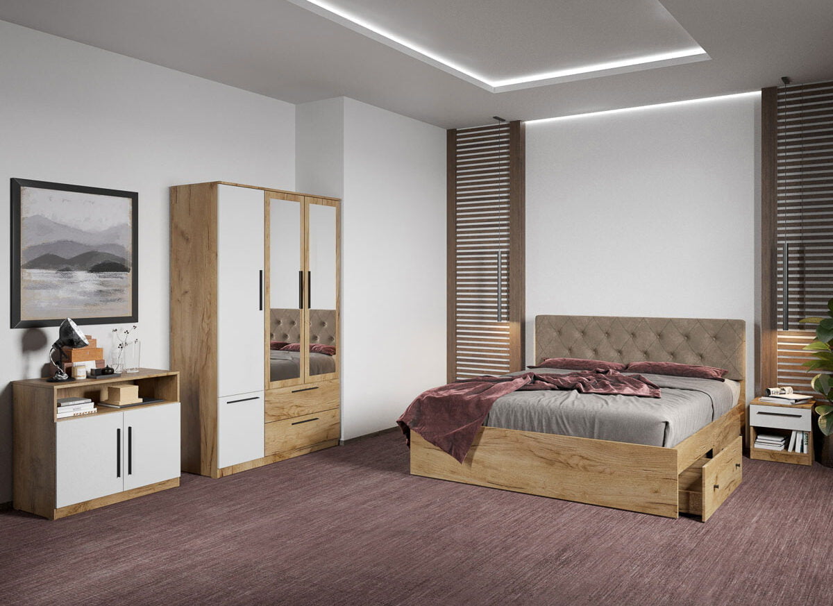 Set dormitor complet Stejar Auriu cu comoda - Madrid - C68