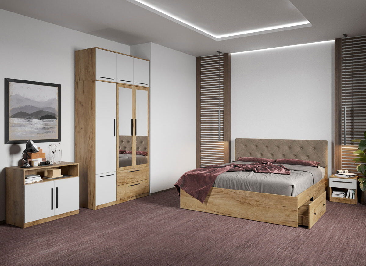 Set dormitor complet Stejar Auriu cu comoda - Madrid - C72
