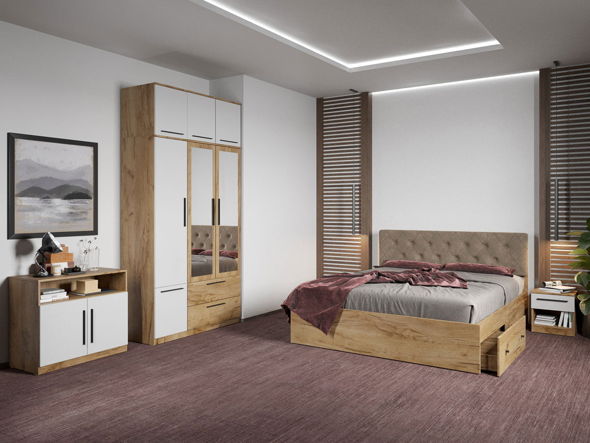 Set dormitor complet Stejar Auriu cu comoda - Madrid - C72