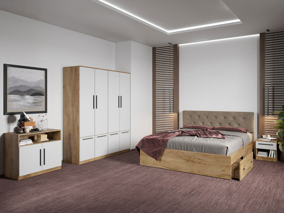 Set dormitor complet Stejar Auriu cu comoda - Madrid - C74
