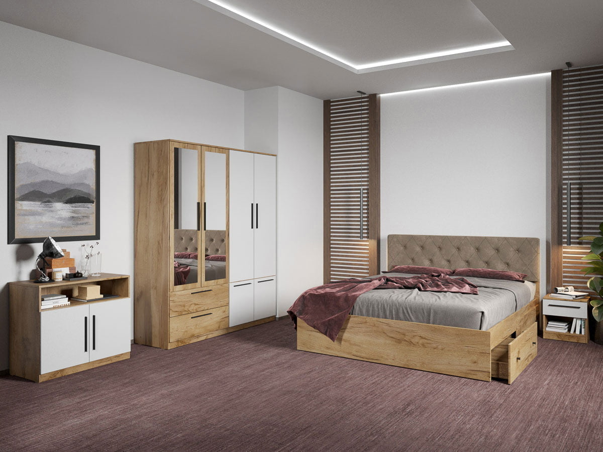 Set dormitor complet Stejar Auriu cu comoda - Madrid - C76